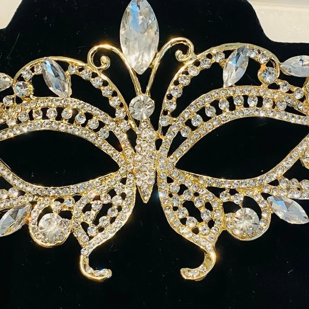 NWT AB Crystal Masquerade Rhinestone Prom Mask With Stick Handheld Gold-tone OS